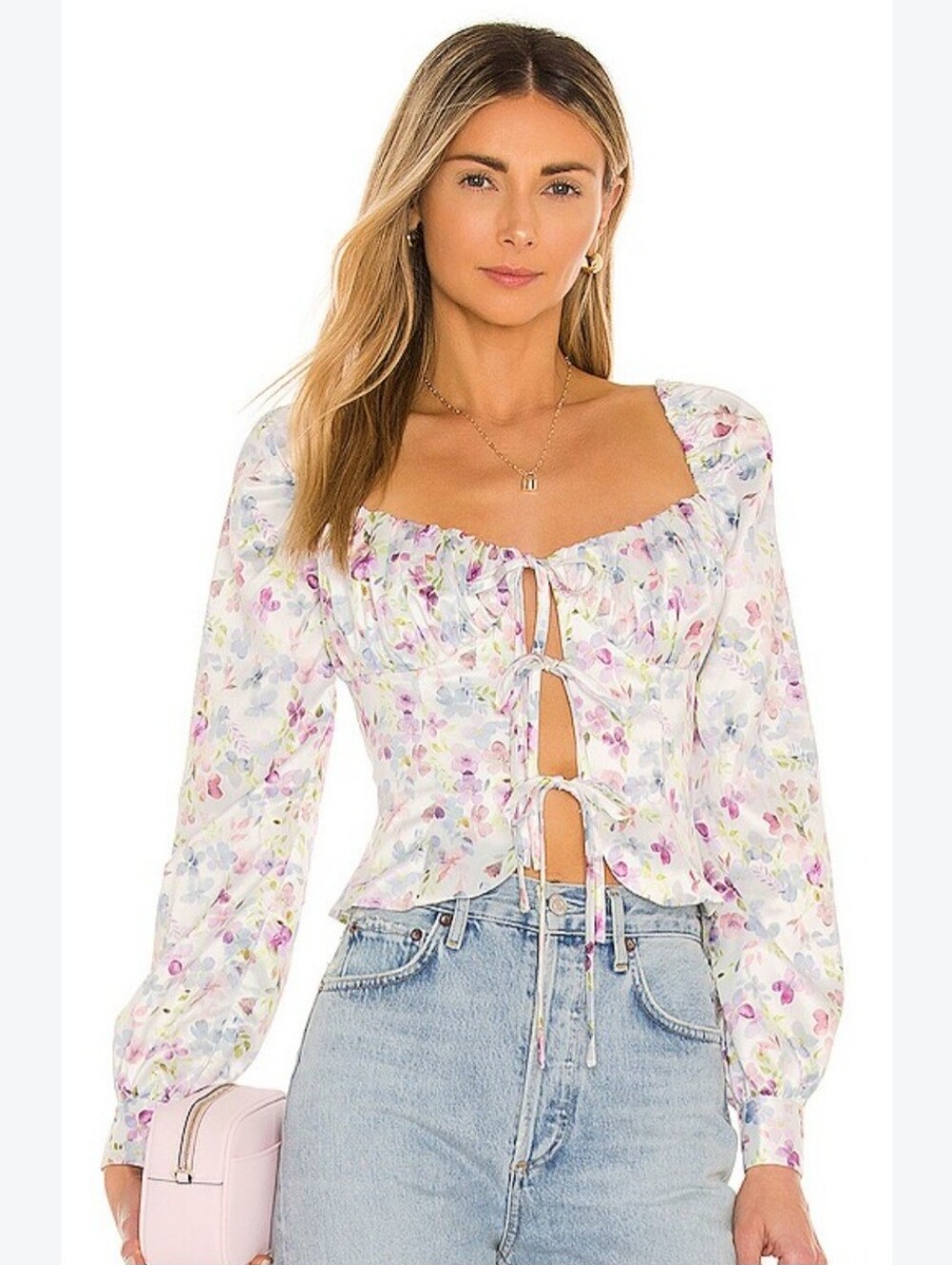 70/21 Floral Tie-Front Sheer Blouse - White & Purple